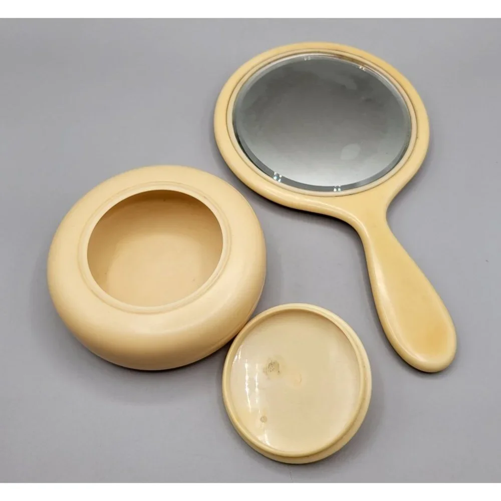 French Ivory Celluloid Beveled Hand Mirror and Powder Jar Vanity Dresser Set
